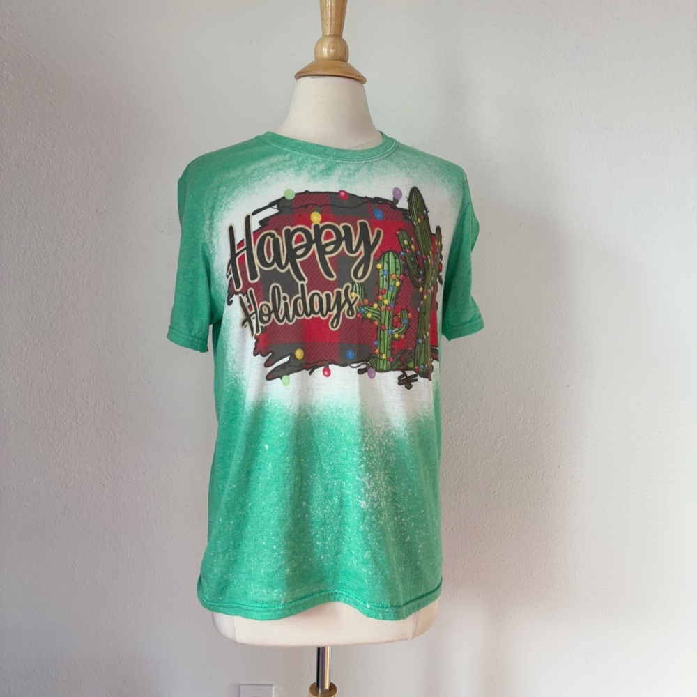 Festive Green Short Sleeve Cactus Holiday Crew Neck Graphic T-Shirt